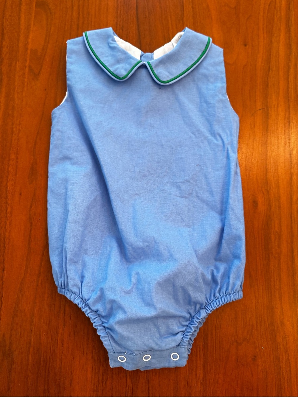 The Oaks Apparel Classic Blue with Green Trim Peter Pan Collar  Bubble Romper